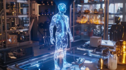 A hologram technology that displays a human body in a room full of robotic skeletons.