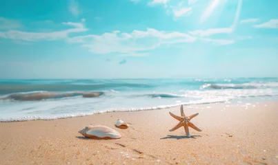  Seashell Starfish on Sandy Beach: Tranquil Blue Summer Vacation Concept. - generative ai © Nia™