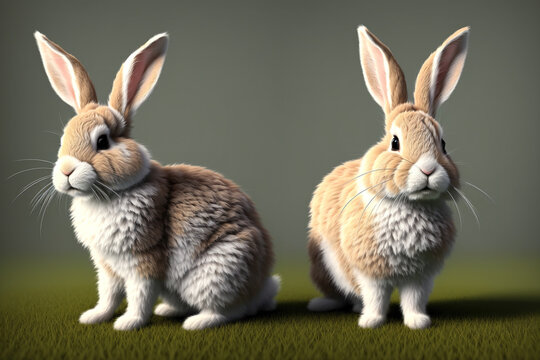 Two white rabbits standing next to each other on a green background.