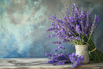 A vase of lavender flowers sits on a wooden table