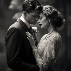 Black & white photo of romantic couple. Generative AI.