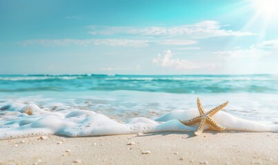 Obraz na płótnie Canvas Seashell Starfish on Sandy Beach: Tranquil Blue Summer Vacation Concept. - generative ai