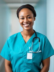 Portrait of Smiling African Woman Nurse. Generative AI.