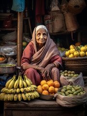 Indian old woman selling fruits on a stall. Generative AI.