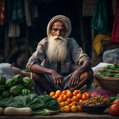 Indian old man selling vegetables on a stall. Generative AI.
