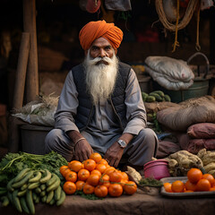 Indian old man selling vegetables on a stall. Generative AI.