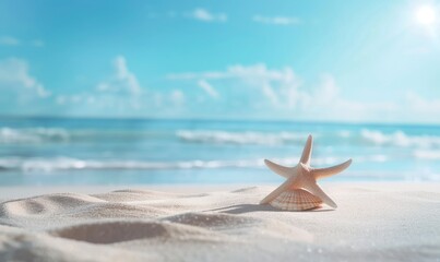 Fototapeta na wymiar Seashell Starfish on Sandy Beach: Tranquil Blue Summer Vacation Concept. - generative ai