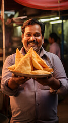 Indian man holding a huge samosa in his hands. Generative AI.