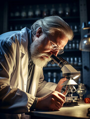 Old scientist working in the laboratory. Generative AI.