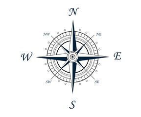 Wind Rose and compass vector in black and white color on isolated white background. Vector illustration on white  background. Icon and symbol. - obrazy, fototapety, plakaty