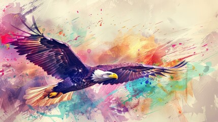 Watercolor-style digital painting of an eagle in flight, feathers detailed with vibrant splashes of color
