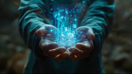 A person holds a transparent blue glowing bundle of energy with interconnected lines and dots.