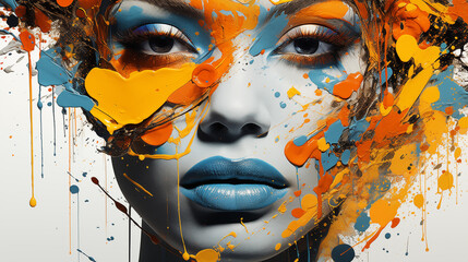 Abstract Paint Splatter Portrait with Vivid Orange and Blue