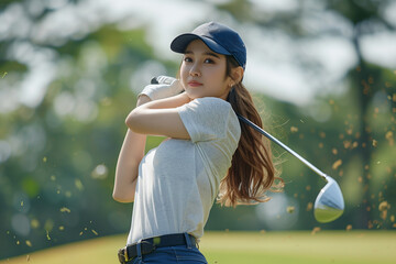 Young Woman Swinging Golf Club on Course