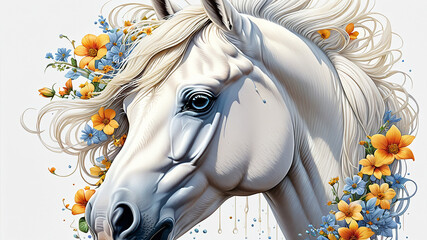 Portrait of a white horse and flowers