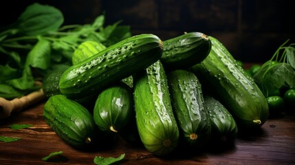 Fresh ripe cucumbers on dark wooden table, flat lay. Space for text