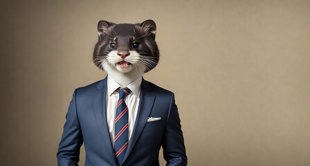 A cartoon cat wearing a suit and tie standing in front of a gray background.