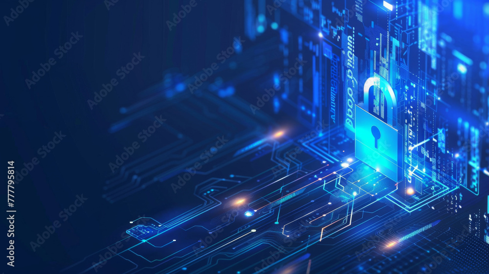 Leinwandbilder abstract illustration of secure data network with a glowing padlock