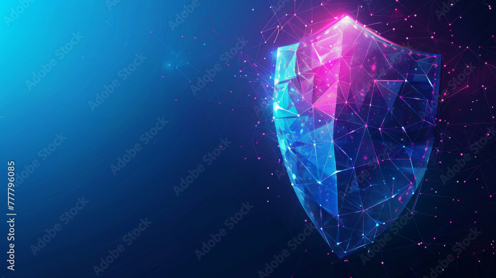 Poster abstract digital shield depicting advanced cybersecurity on a blue network background