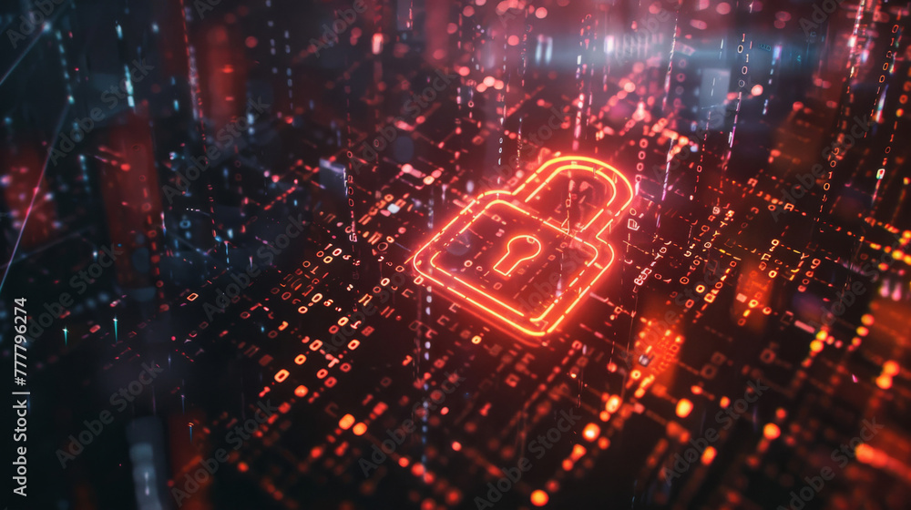 Poster digital lock emblem amidst binary code stream