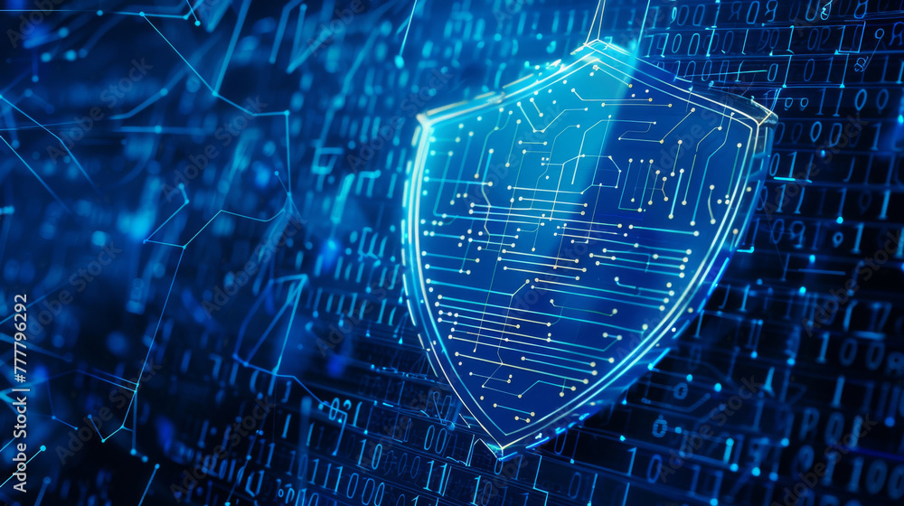 Poster digital protection shield concept on binary code background