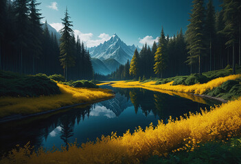 Pine forest with yellow flowers and lake