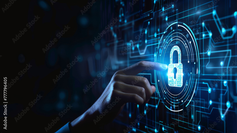 Poster Hand interacts with a futuristic cyber security lock interface