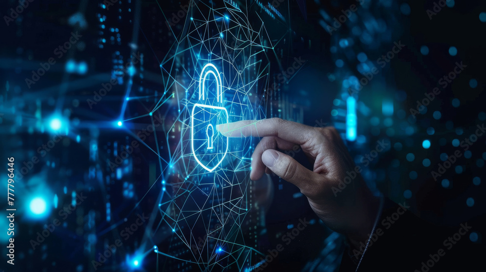 Poster hand pressing virtual padlock symbolizing cyber security activation