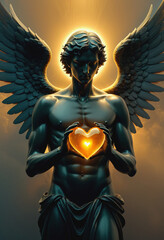 A statue of Cupid holding a glowing heart in his hand