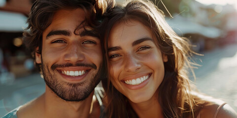 Fototapeta premium Couple smiling on vacation, beach background