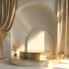 rounded podium with golden accent in front of multi layered arc shaped architecture pedestal design for cosmetic product presentation or advertising. Natural light and shadow.