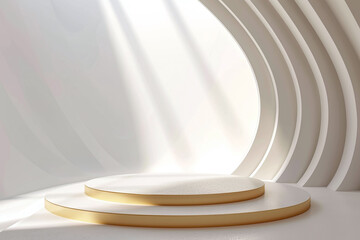 rounded podium with golden accent in front of abstract architecture pedestal design for cosmetic product presentation or advertising. Natural light and shadow.