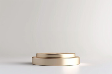 rounded podium with golden color in fornt of empty wall pedestal design for cosmetic product presentation or advertising. Natural light and shadow.