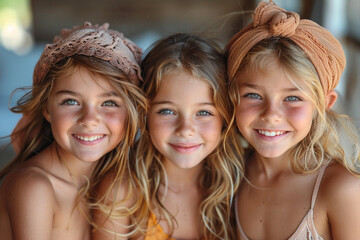 Fototapeta premium Three little lovely beautiful girls are smiling in summer.