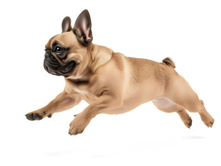 Cute and adorable french bulldog running with happy face on white background, side view photograph. studio shot.