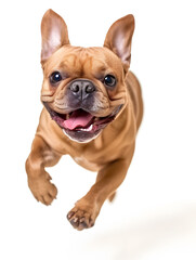 Cute and adorable brown french bulldog running with happy face on white background, front view photograph. studio shot.
