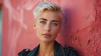 stylised short blond hair round face of a woman solid background