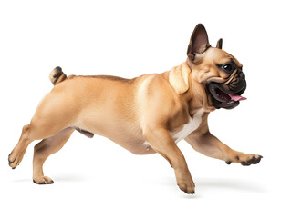 Cute and adorable brown french bulldog running with happy face on white background, side view photograph. studio shot.