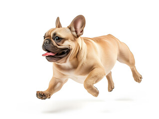 Cute and adorable brown french bulldog running with happy face on white background, side view photograph. studio shot.