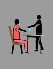 A man is giving a bottle of water to a man sitting at a table