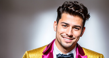 A man wearing a purple jacket with gold lining and a black bow tie.