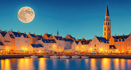 A picturesque town with colorful buildings and boats in the foreground, with a full moon rising over the water in the - obrazy, fototapety, plakaty