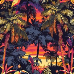 Fototapeta na wymiar A vivid, tropical sunset with silhouetted palms and exotic birds.