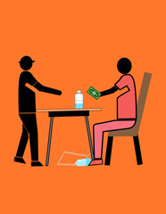 A man in a red shirt sits in a chair next to a table with a bottle holding a dollar bill