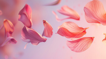 Gentle petals float in a soft spring breeze against a tender pink backdrop