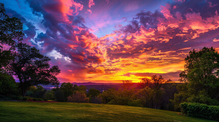 Fototapeta na wymiar Vibrant spring sunset over lush landscape