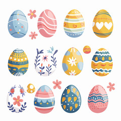 Hand drawn abstract Easter items, gifts, ornaments, celebration flat icons set. Color isolated illustrations. Colourful. 