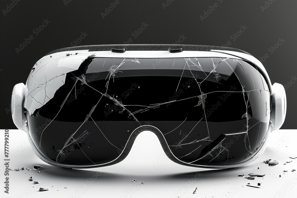 Poster broken virtual reality glasses with cracks. background with selective focus and copy space