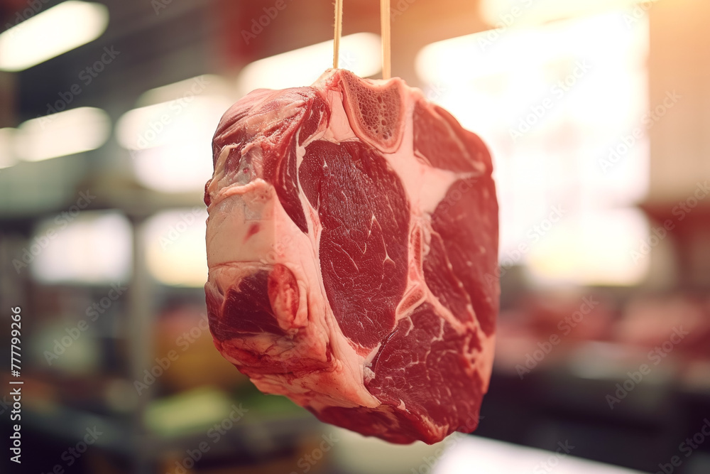 Poster meat processing plant or meat production factory. background with selective focus and copy space