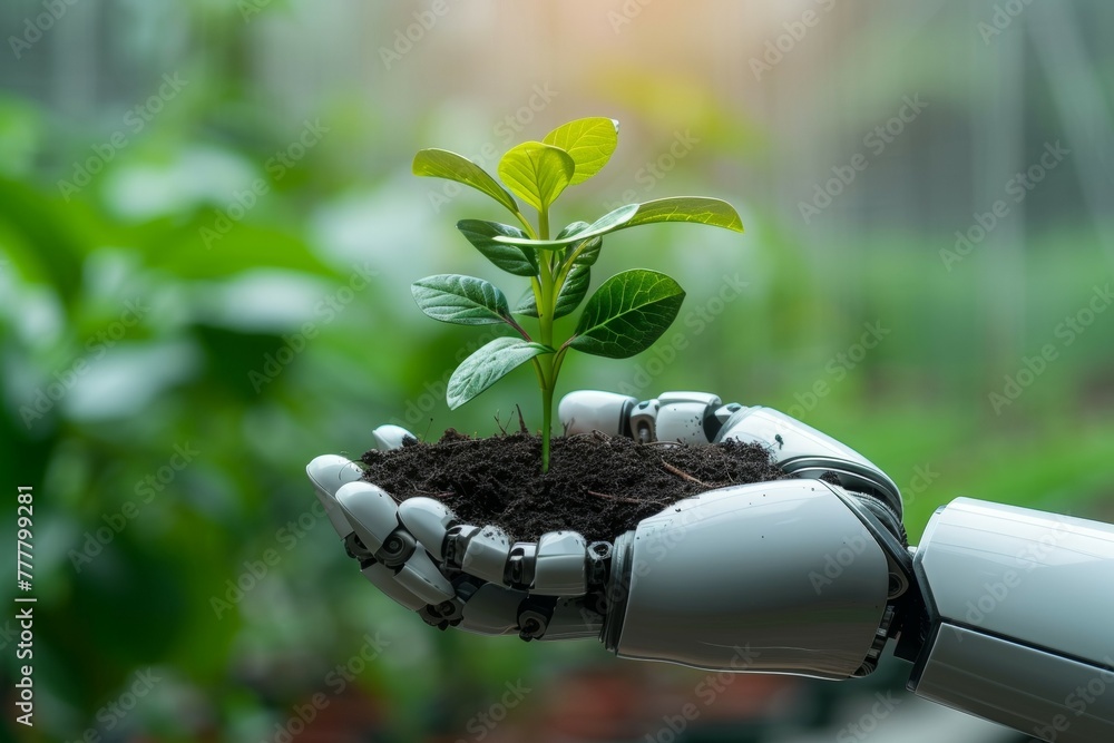Poster a robot hand works on a modern farm. background with selective focus and copy space